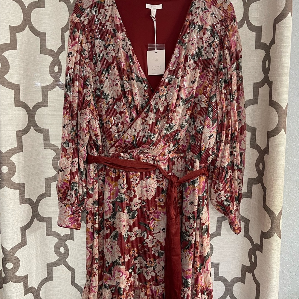 LC Lauren Conrad Burgundy Floral Long Sleeve Dress